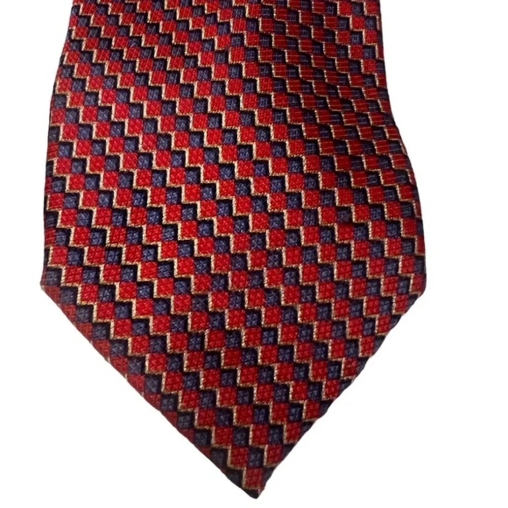 Altea luxury Italian silk tie, geometric red & blue w/ gold, small squares, 4”